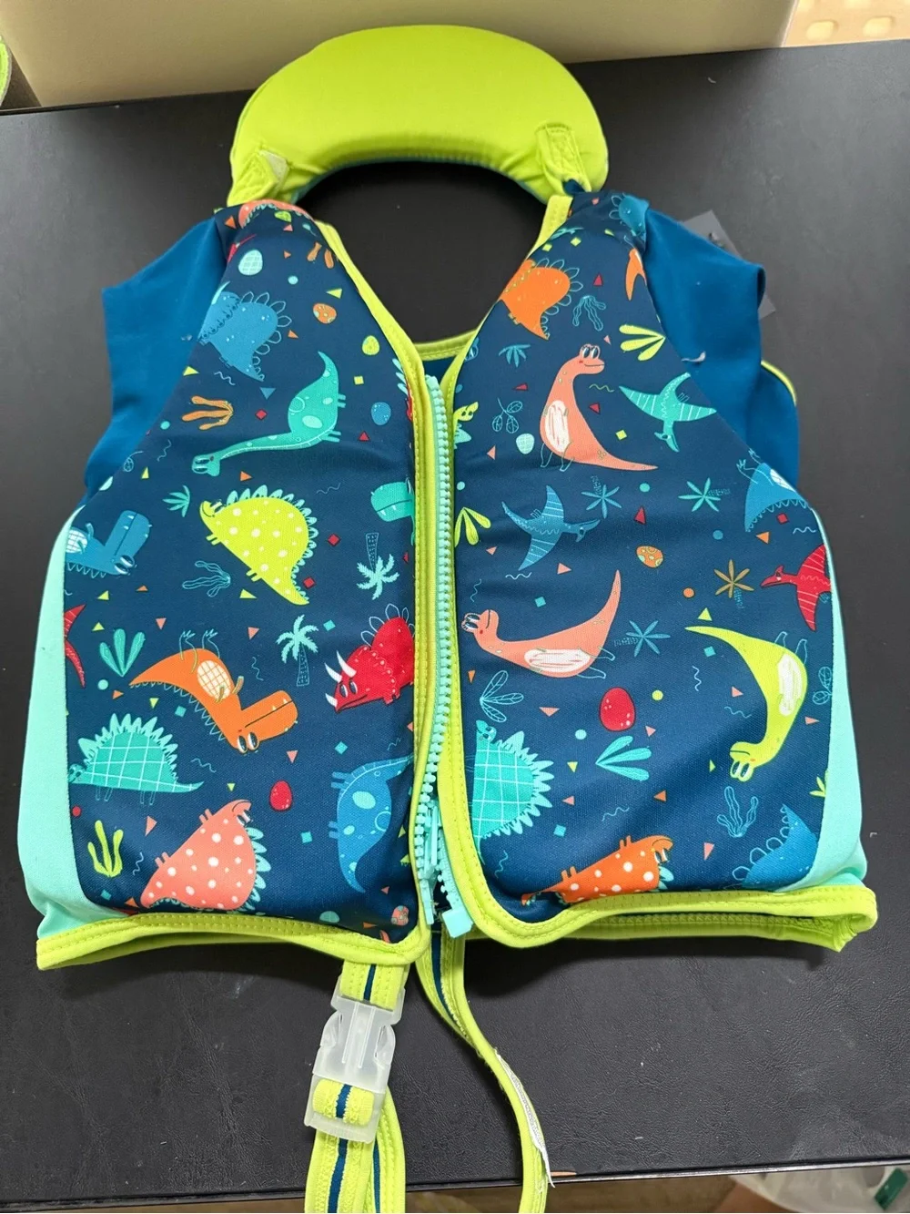 Kids Navy Dino Print Swim Rashguard Vest with Lime Trim